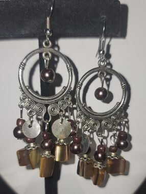 Boho Brown Mother Of Pearl and Faux Pearl Silver Tone Dangle Pierced Earrings